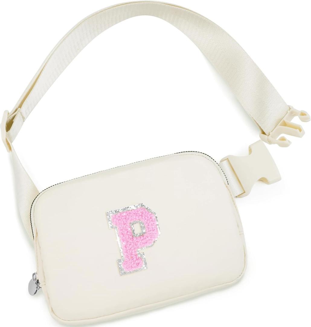 Small Waist Fanny Pack for Girl Belt Bag Crossbody Initial Letter Merch Bag for Teen Girl Women Personalized Christmas Valentines Birthday Preppy Easter Gift Travel Essential Mini Bag for Kids Cream P