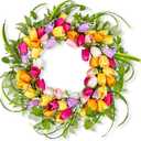 Spring Decorations 22 Inch Summer Wreaths for Front Door Artificial Spring Wreath with 6 Colors Tulips for Indoor Outdoor Holiday Celebration (Multicolor-1)