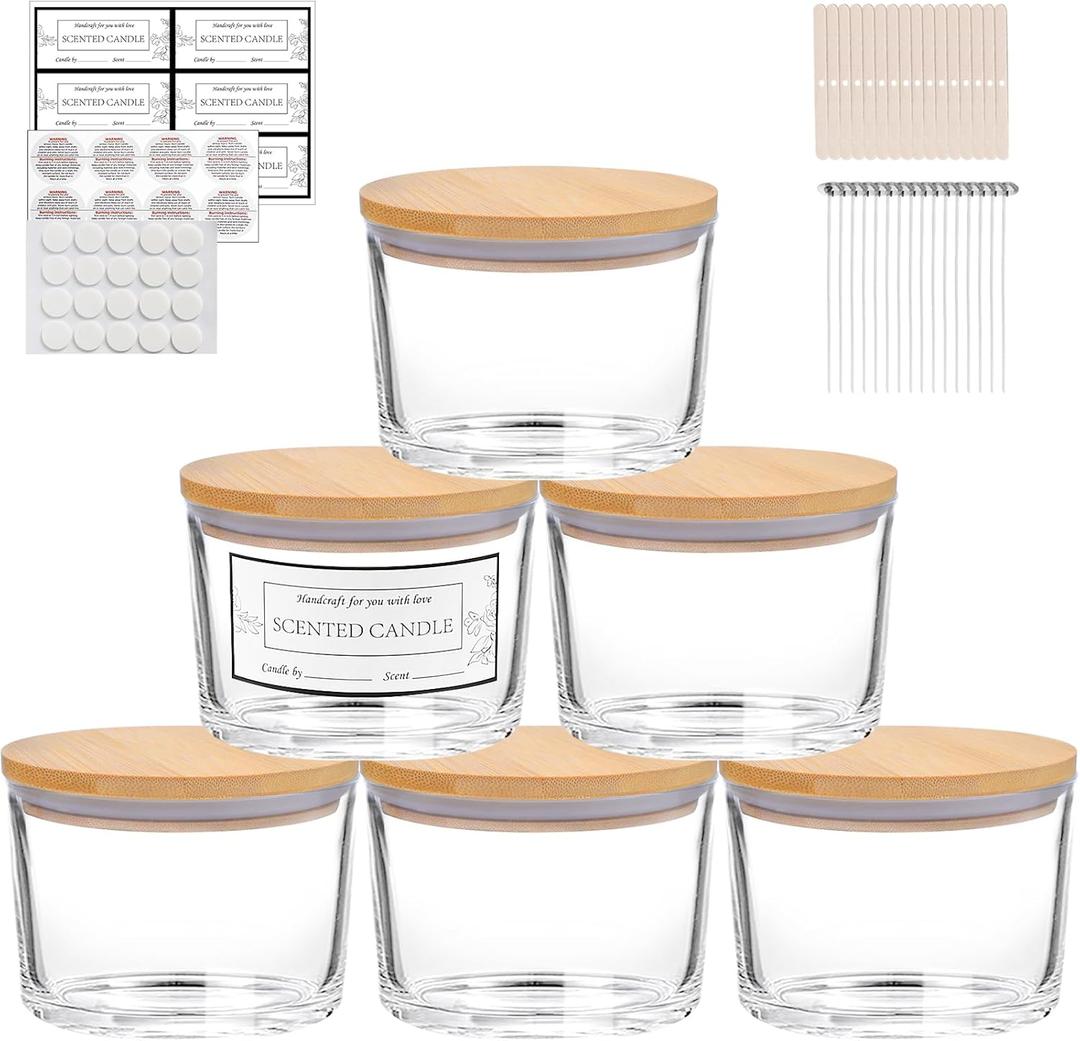 CONNOO 6-Pack 16 oz Candle Jars - 3-Wick Clear Empty Glass Wide Mouth Candle Jars Come with Bamboo Lids, Sticky Warning Labels, and a Candle Wick Kit for Candle Making - Dishwasher Safe