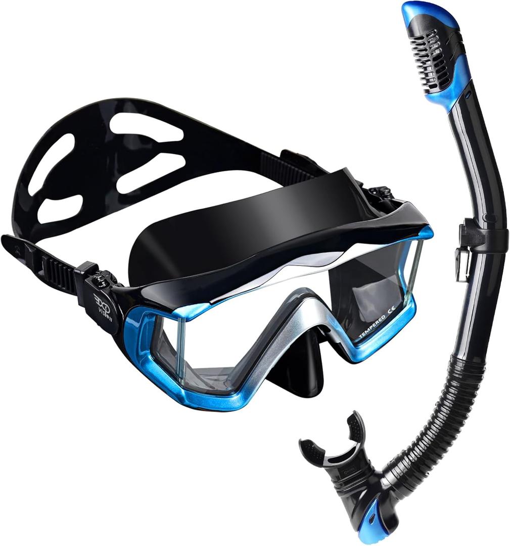 Adult Pano 3 Scuba Diving Mask, Tempered Glass Snorkel Mask Anti-Fog Swim Mask No Leakage Swim Goggles with Nose Cover Snorkeling Gear for Snorkeling, Freediving, Swimming (Blue Set)