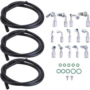 25PCS A/C Hose & Fitting Kit,Universal Air Conditioning Extended Length Hoses & Fittings & O-rings Kit with #6#8#10 AC Hoses and #6#8#10 AC Fittings