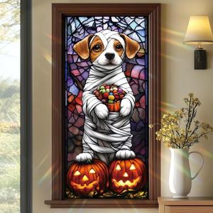 Halloween Mummy Dog Window Film 17.71x39.97 Inch Cute Puppy Glass Decal with Candy Basket and Pumpkins Static Cling Window Sticker for Halloween Decorations Home Office Party Glass Door