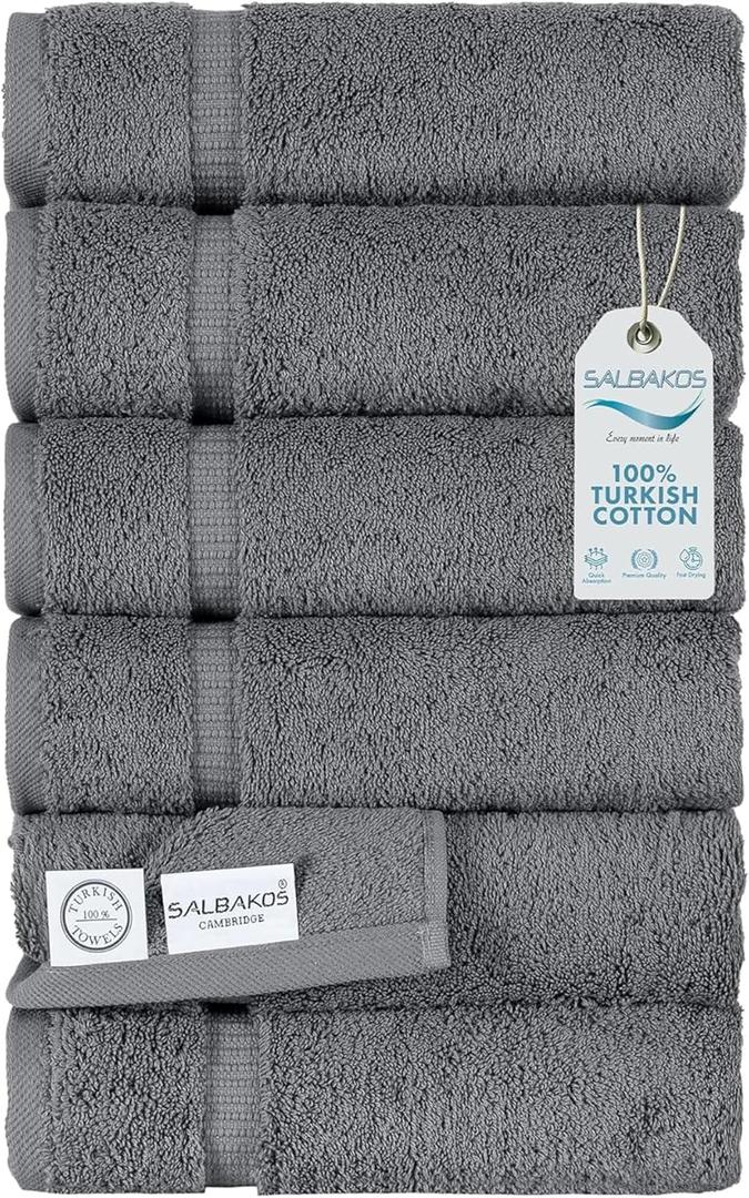 SALBAKOS 100% Turkish Cotton Hand Towels Set 6-Piece Gray 16x30 in | Luxury Premium Quality Thick Super Absorbent Turkish Hand Towel for Bathroom & Kitchen | Made in Turkey (Gray, 6 Hand Towels)