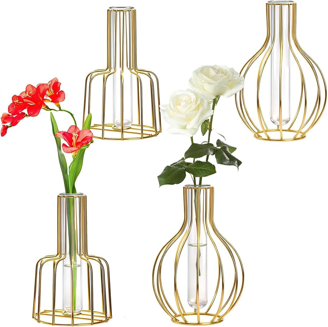 Dicunoy 4 Pack Gold Flower Vases, Small Plastic Test Tube Vase with Metal Frame Stand, Small Bud Vase for Pampas, Wedding, Table Centerpieces, Living Room, Plant Terrariums for Propagating Hydroponic
