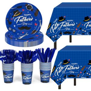 Childom Fathers Day Decorations for Party,132 Pcs Disposable Fathers Day Plates Tablecloth Cups Knives Spoons Forks for Party Supplies,Plates Tableware for Dads Birthday,Home,Brunch,Dinner,Serves 26