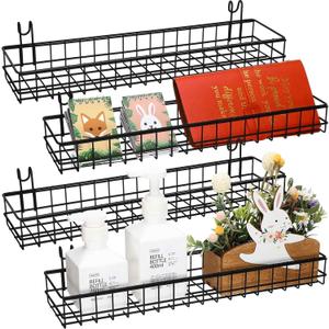 Blulu 4 Pcs 15.75 x 3.94 x 1.97 Inch Metal Grid Wall Baskets with Hooks Grid Wall Shelves Hanging Wire Basket Multi Function Storage Organizer for Kitchen Organizing Display (Black)