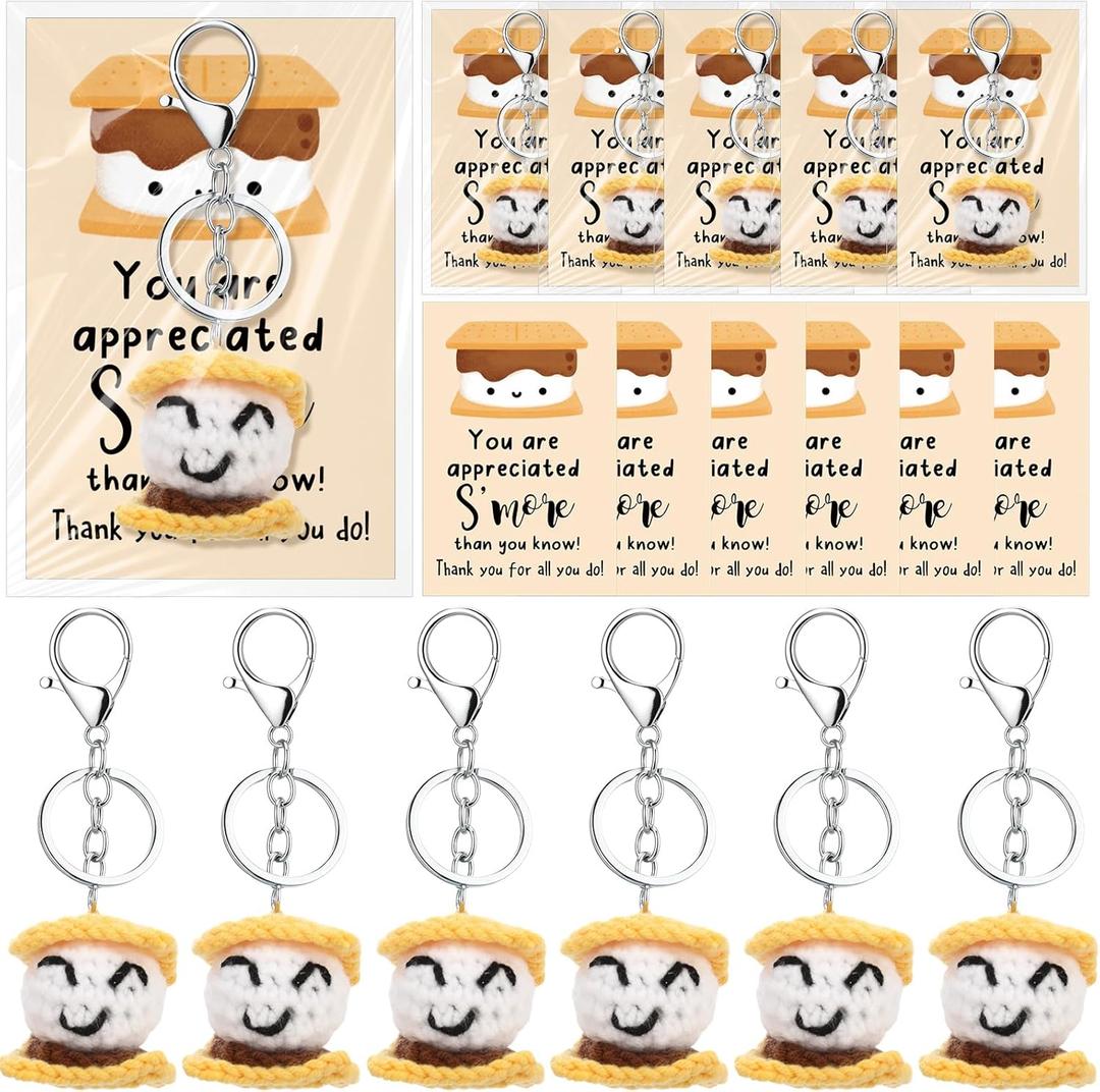 6 Sets Employees Appreciation Gifts Bulk, Cute Handmade Crocheted S'more Marshmallow Keychains with Thank You Cards Xmas Stocking Stuffer for Coworker Staff Team Holiday Party Favory