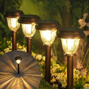 DERAYSION Solar Lights Outdoor 6 Pack, Stainless Steel Glass Solar Pathway Lights, Auto On/Off Long-Lasting Waterproof Landscape Lighting for Garden, Landscape, Path, Yard, Warkway (Warm White) (Brownish-Black)