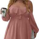 WDIRARA Women's Plus Size Cold Shoulder Ruffle Trim Bishop Sleeve A Line Dress Dusty (Pink, 2XL)
