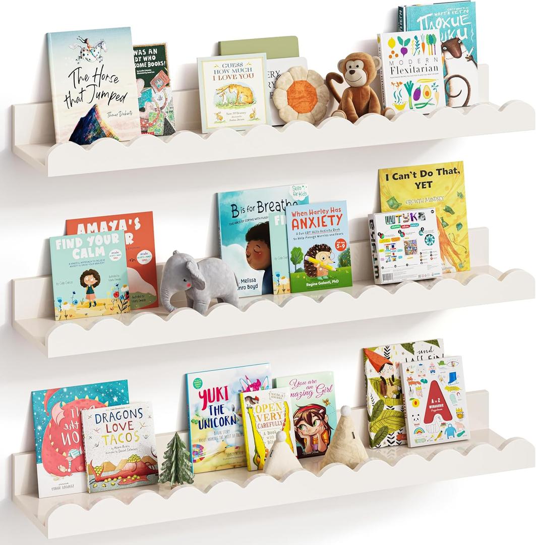 Nursery Book Shelves, Set of 3, Nursery Decor for Baby and Toddler, Scalloped Shelves, Book Shelf for Kids Rooms, Wall Book Shelf for Bedroom Kids, Floating Shelf for Wall (White)