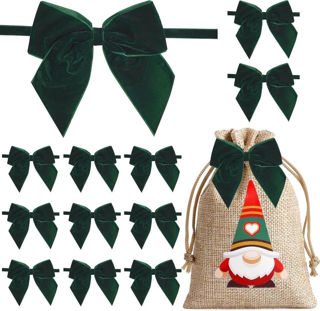 12 PCs Green Velvet Ribbon Bow Decor 5 Inch Pre Tied Bows, Dark Green Bow for Christmas Tree, Party Favor, Premade Vintage Velvet Bows for Wreaths, Baskets, Flower Bouquets, Treat Bag