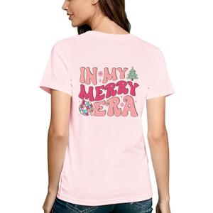 In My Merry Era T-Shirt Christmas Shirts for Women Front and Back Xmas Holiday Tree Graphic Tee Tops (Medium, Pink)