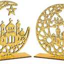 2 x 2-Piece Wooden Ramadan Decorations Set, Hollow Moon and Star Eid Mubarak Wooden Table Decor with Removable Base for Home, 7.67x8 Inches Ramadan Ornaments