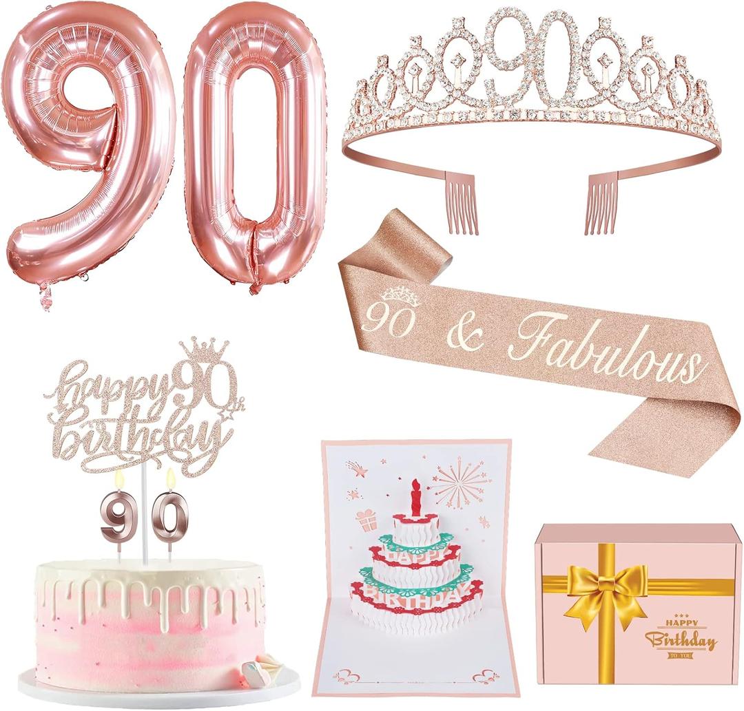 90th Birthday Decorations for Women, Include 90th Birthday Sash and Tiara, Cake Topper and Candles, Number Balloons, 3D Pop Up Greeting Card, 90 Year Old Gifts Women