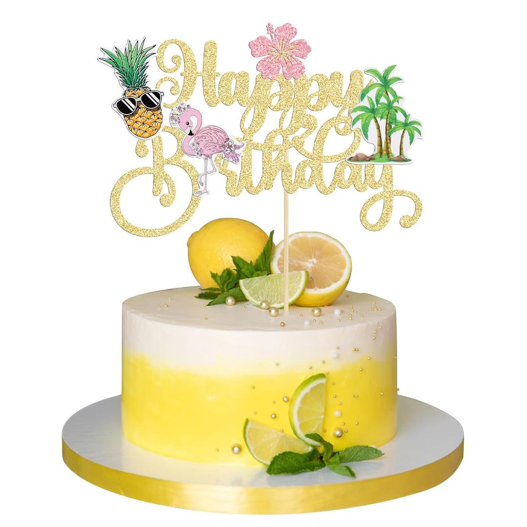 Gyufise 1Pcs Happy Birthday Cake Topper Tropical Hawaiian Luau Cake Pick Glitter Flamingo Flower Plam Leave Pineapple Cake Decoration for Summer Baby Shower Birthday Party Supplies (Multi-4)