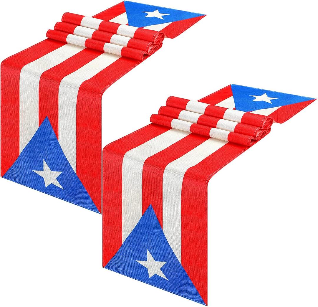 Kingdder 2 Pcs Puerto Rico Table Runner for Puerto Rican Party Decorations 13 x 72 Inch Linen Tablecloth for 12th of June National Day Country Decoration Kitchen Dining Room Home Dinner