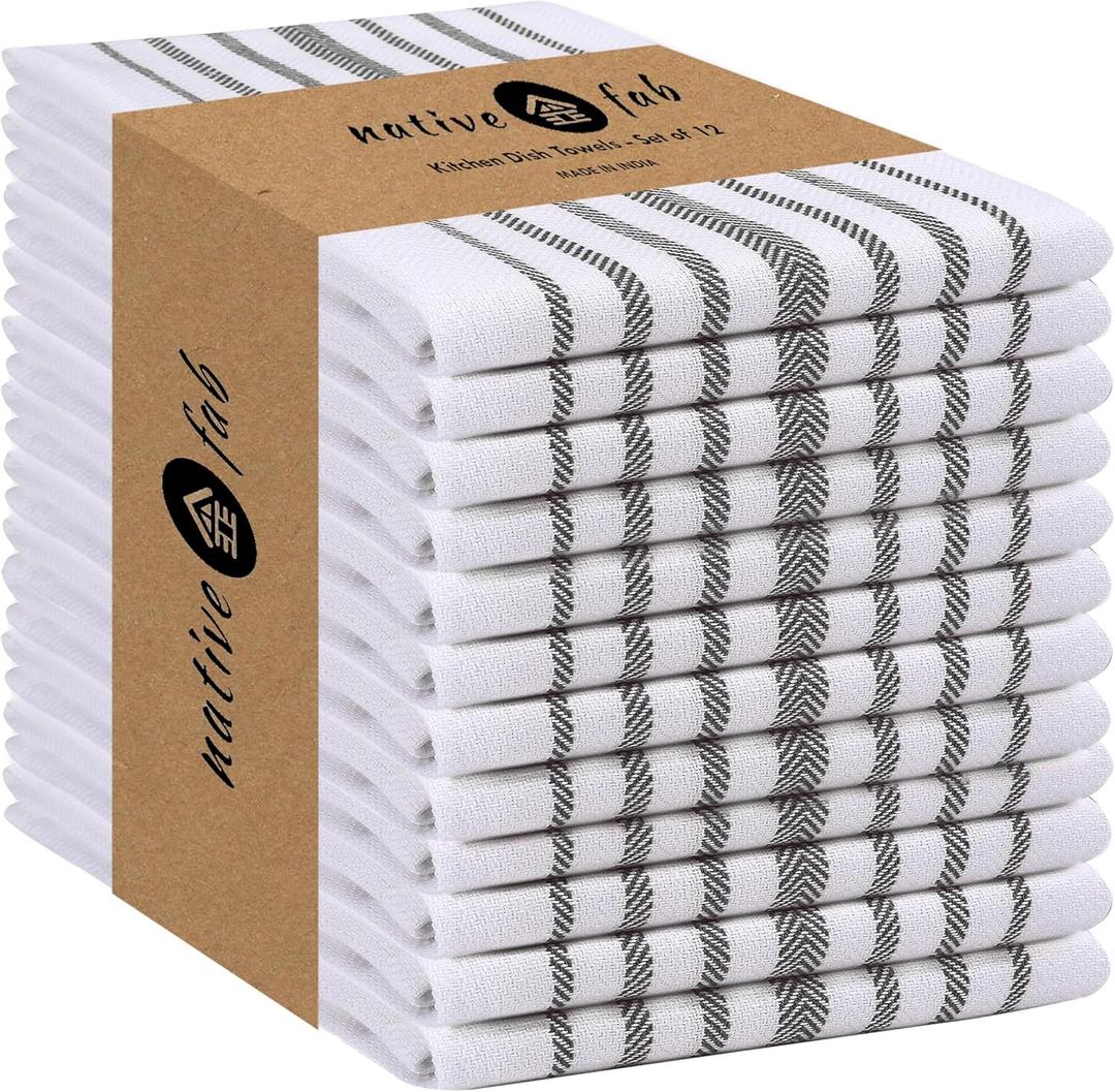 Native Fab Herringbone Striped Kitchen Towels 100% Cotton 12 Pack 16"x26" - Scandia Weave Dish Towels for Drying, Absorbent Dish Cloths Set with Hanging Loop - Grey White