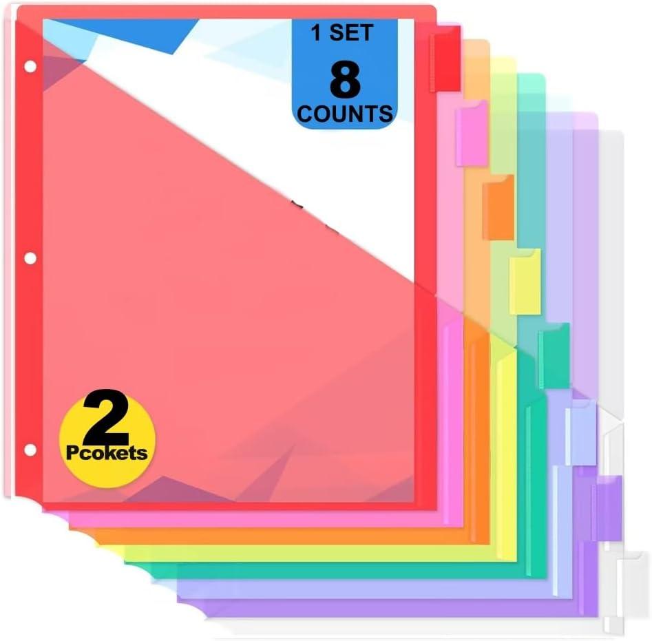 3 x 8-Count Binder Dividers with Two Pockets, 8 Tabs, 3-Hole Punched, Multicolor Plastic Index Dividers Durable, Tear-Resistant, Insertable Labels Fits Standard 3-Ring Binders (Red,1set)