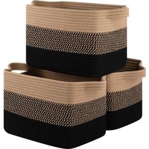 Storage Basket for Organizing, Woven Baskets for Storage, Rectangle Decorative Baskets for Shleves, Closet, Toys, Books, Nursery Organizer Bins - Pack of 3 (Black & Brown)