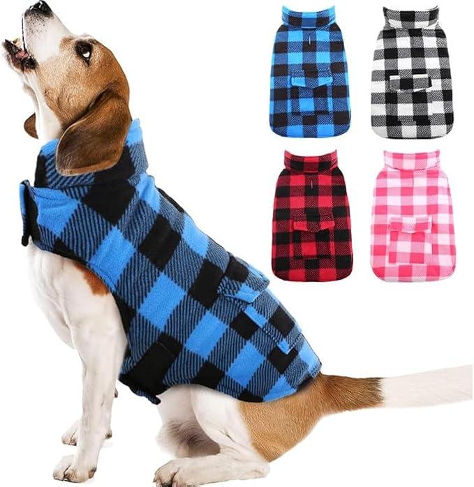 Malier Classic Plaid Fleece Dog Coat Jacket with Pocket, Windproof Warm Dog Coat Vest Winter Pet Clothes Apparel for Small Medium Large Dogs (Blue, XSmall)