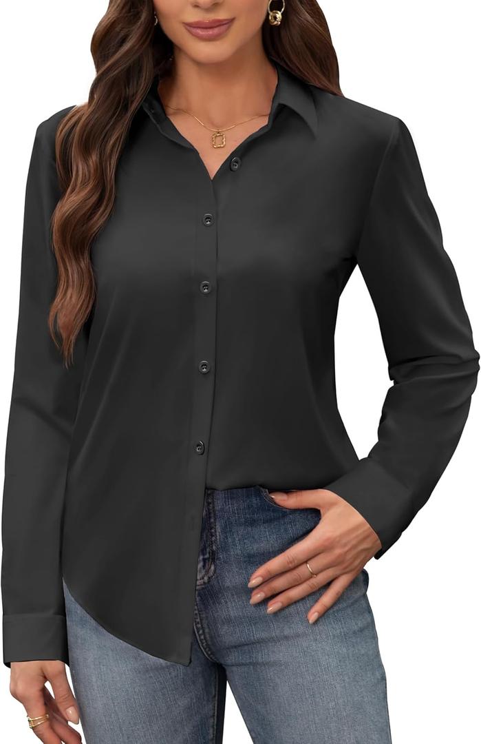 siliteelon Women's Stain Shield Dress Shirts Wrinkle Free Long Sleeve Shirts Solid Work Business Button Down Shirts