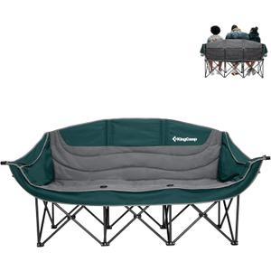 KingCamp Double Camping Chair, Oversized Heavy Duty Loveseat for Adults Portable Folding XL 2 Person Couch Padded Comfortable Two Seat with Cup Holder for Outdoor Lawn Backyard (L 3 Person Green/Grey)