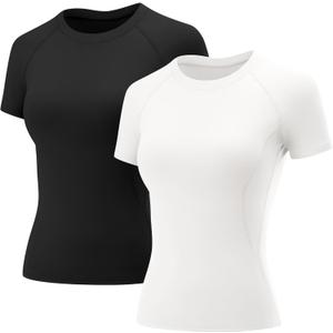LOMON Womens Workout Tops Short Sleeve Raglan Athletic Shirts Yoga Gym Crewneck Quick Dry T-shirts, Medium 