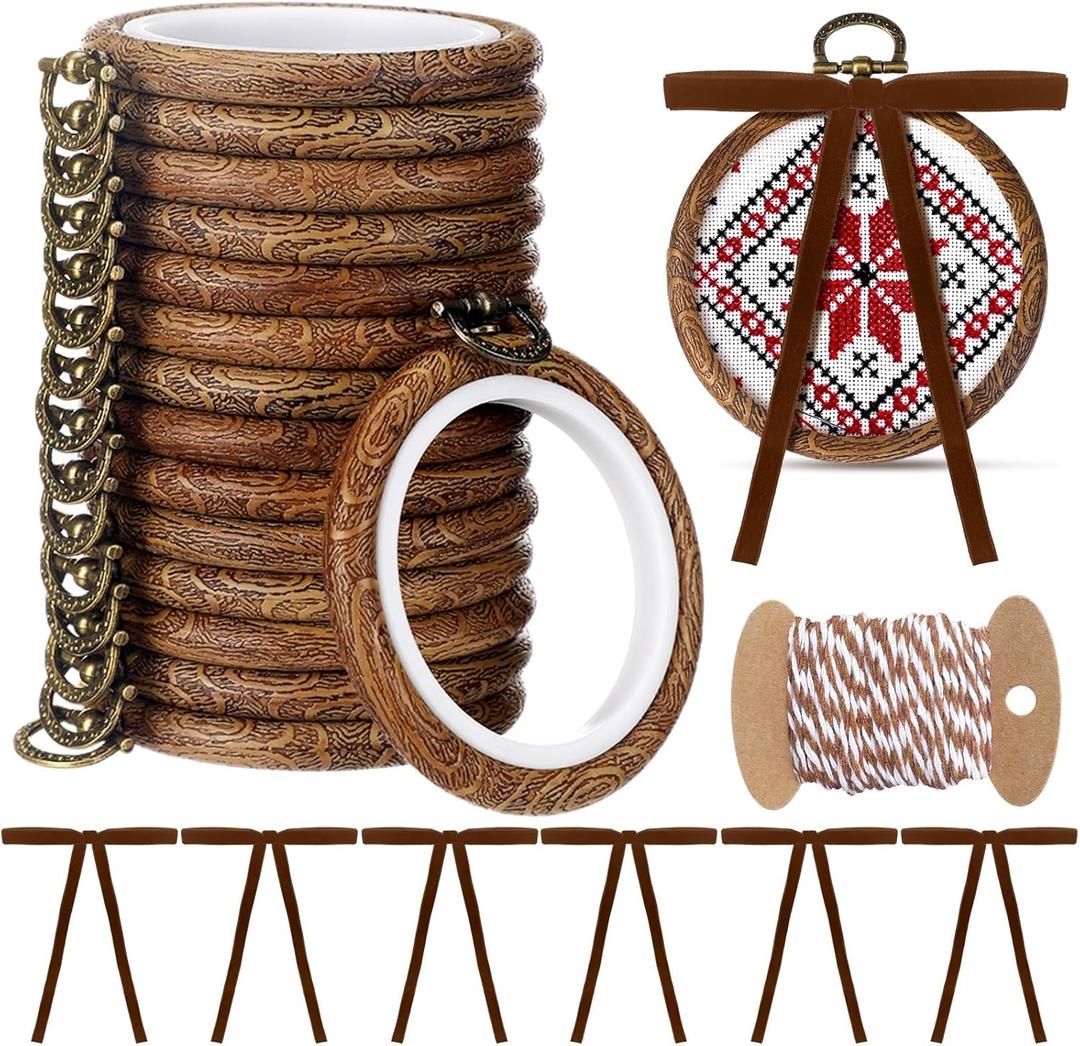 Beeveer 12 Sets Christmas Embroidery Hoops Kits Imitated Wood Frame Includes 3.5 Inch Plastic Embroidery Hoop, Brown Velvet Bows and Rope, Circle Cross Stitch Hoop Ring for Art Craft Sewing Ornaments