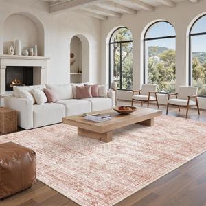 Soalmost Washable Area Rug 8x10, Large Soft Rugs for Living Room Vintage Area Rugs for Bedroom Dining Room Non-Slip Stain Resistant Pink Under Table Rug