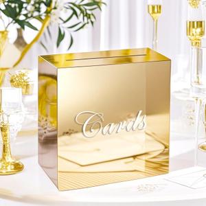 Large Gold Mirror Acrylic Wedding Card Box with Slot and Pen, 10x10x5 inch Wedding Receptions Wishing Well Money Box, DIY Card Box for Wedding, Party, Graduation, Bridal Shower, Birthday (Gold Mirror)