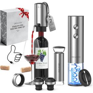 CIRCLE JOY Rechargeable Electric Wine Opener Set 8-in-1 Stainless Steel Automatic Wine Bottle Opener Gift Set w/Electric Wine Aerator Pourer, Foil Cutter, Wine Drip Ring, Vacuum Pump & 2 Wine Stoppers