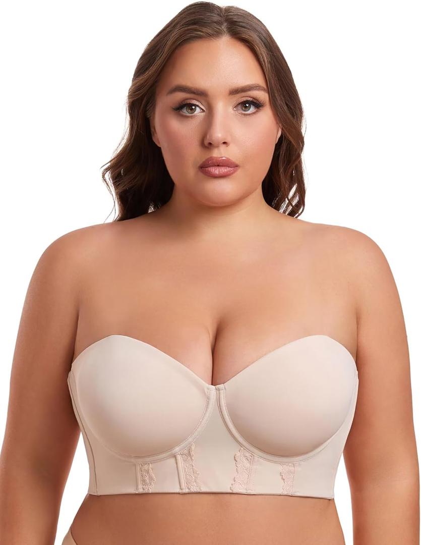 Lusait Women's Longline Strapless Bra Underwired Full Coverage Corset Bra Push Up Boned Hide Back Fat Beige 38C (Beige)