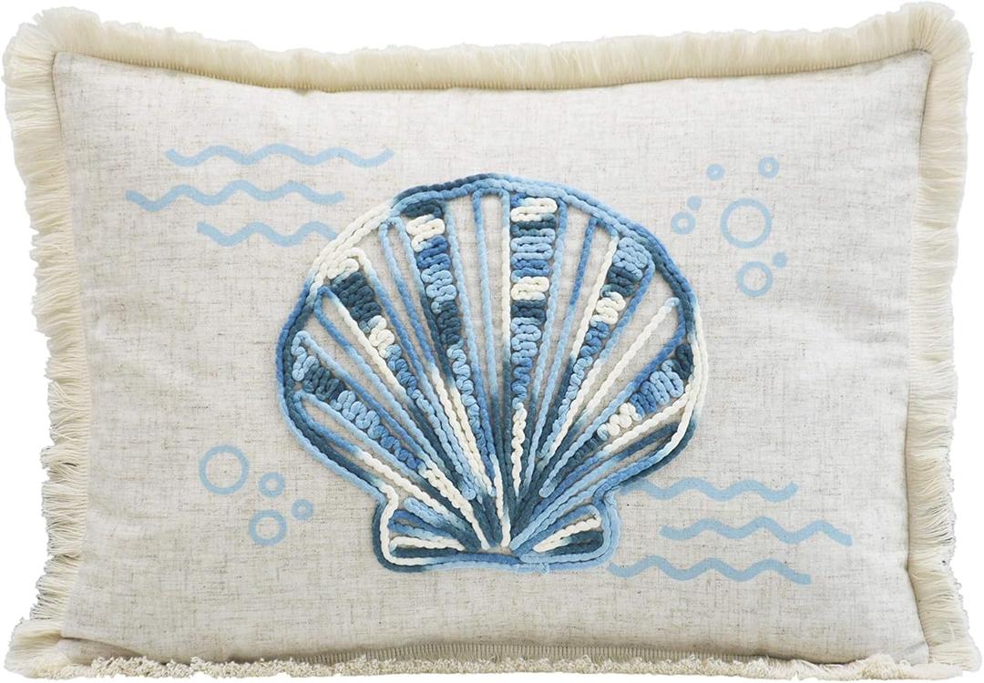 Comfy Hour 18"x13" Blue and White Scallop Shell Accent Pillow, Antique Vintage Figurine Style Home Decor, Coastal Lumbar Cushion with Removable Insert