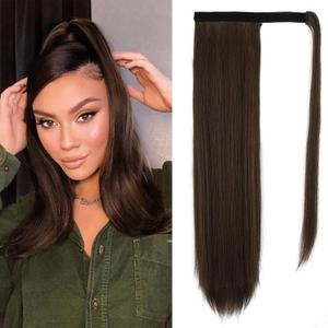 BARSDAR Chocolate Brown Straight Wrap Ponytail Extension - 20 Inch Long Straight Wrap Around Ponytail Hair Extensions for Women, Synthetic Clip in Brown Pony Tails Hairpieces Daily
