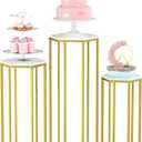 Urban Deco Cylinder Stands for Party, Set of 3 Gold Metal Hexagon Pedestal Stand with Marbled Countertop, Cake Flower Plant Pedestal Stands for Display Parties Wedding Birthday Decor, 3PCS, Gold
