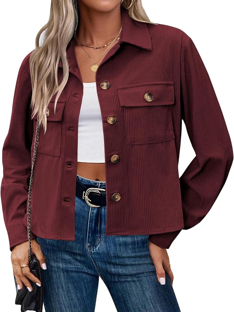 Zeagoo Womens Fashion Cropped Shackets Corduroy Button Down Crop Jackets Tops Long Sleeve Shirts Trendy 2025 (Small, Burgundy)