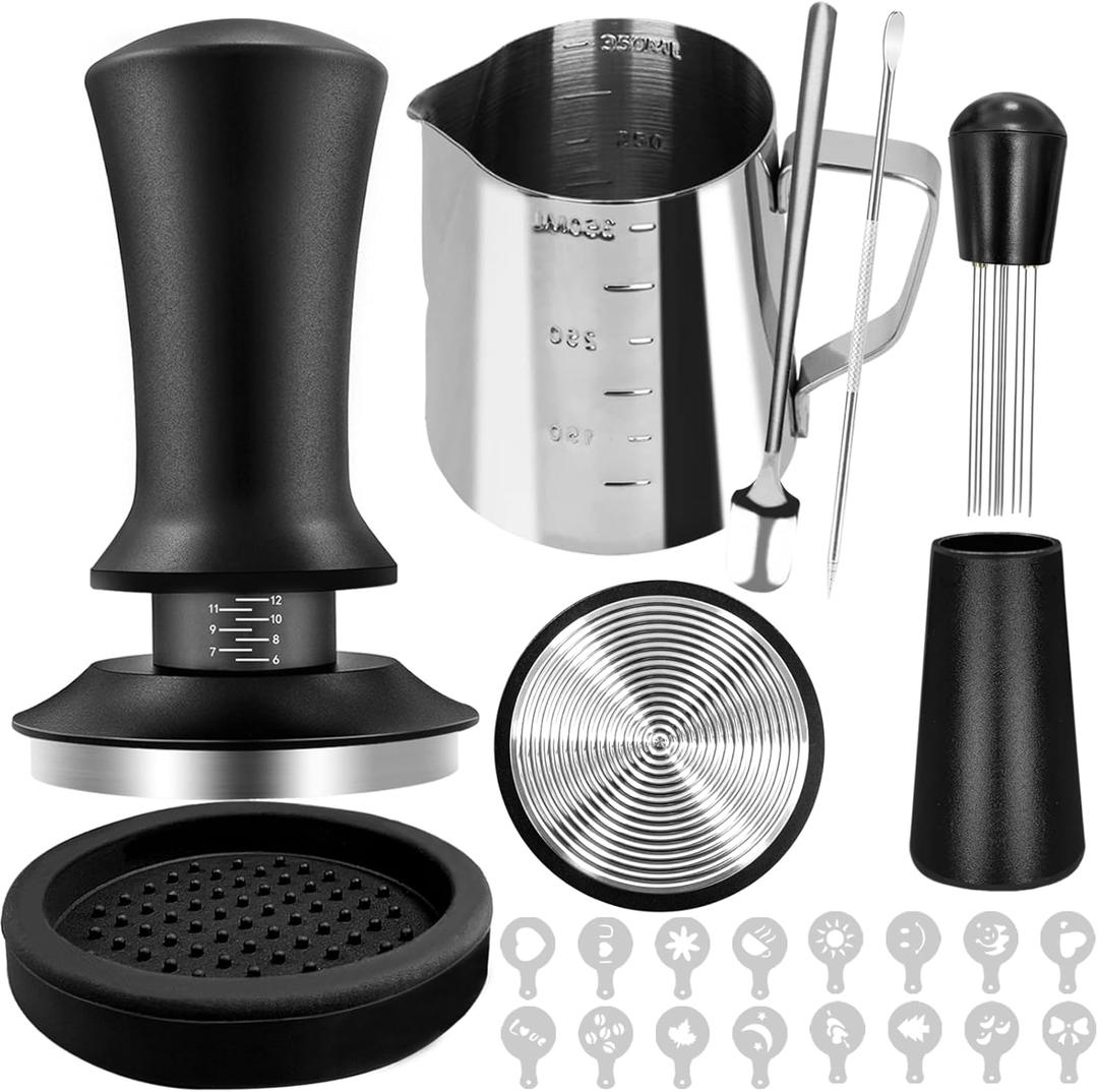 53mm Espresso Hand Tamper, 22 PCS Coffee Tamper Set, Espresso Accessories with 53mm Espresso Tamper, WDT Tool, Frothing Pitcher, Latte Art Pen, Coffee Stirrer, Tamper Mat, 16 Coffee Stencils (Black)