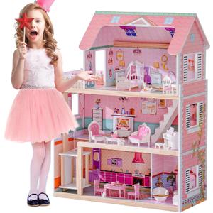 ROBOTIME Wooden Dollhouse, Doll Houses Playset with 24 Pcs Furniture for 4, 5, 6-Inch Dolls, Dollhouse Gift for 3+ Year Old Girls (Pink), One Size