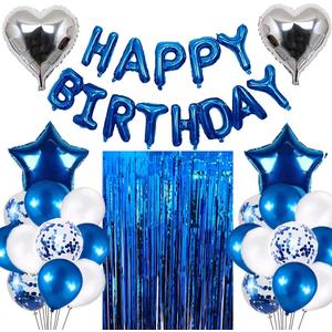Morofme Blue Birthday Party Decorations Set with 38pcs Balloons, Confetti, Foil Balloons, Fringe Curtains for Unisex Blue Themed Events