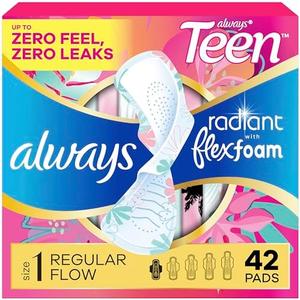 Always Radiant Teen Pads, Size 1, Regular, with Wings, Unscented, 42 Count