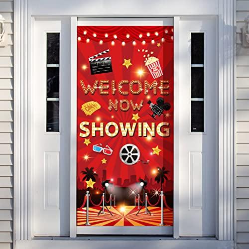 Moukeren Movie Night Party Door Cover Sign Theater Supplies Welcome Now Showing Movie Night Party Backdrop for Wedding Theater Birthday Accessory, 71 x 35.4 Inches
