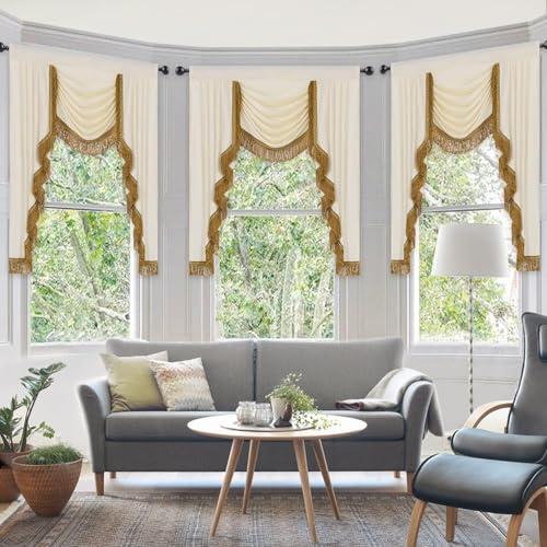 Premium Plush Velvet Valance Curtain for Living Room, Soft Draped Velvet Fabric Waterfall Valance with Gold Fringe Tassel Trim for Windows, Ivory Swag for Bedroom 1pc 41x49