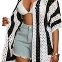 Floerns Women's Plus Size Hollow Out Lightweight Cardigan 3/4 Sleeve Knit Open Front Striped Sweaters (Black, XL)