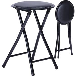 FurnitureR Folding Stool, Backless 18-Inch Stool Chair Collapsible Padded Round Portable for Indoor/Outdoor, Metal Frame, PVC Cushion, No Assembly Required, Set of 1, Black