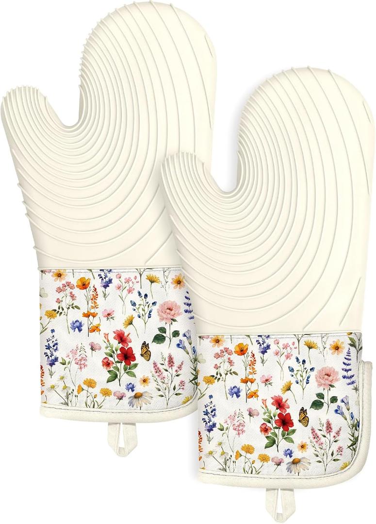 Slohif Long Silicone Oven Mitts Heat Resistant for Women - 2 Pcs Red Flower 100% Cotton Oven Gloves, Non-Slip and Waterproof Silicone Oven Mitts with Hanger for Baking and Cooking
