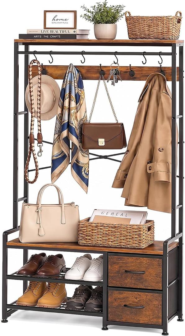 Faesun Hall Tree with Bench and Shoe Storage, Rustic Brown | 5-in-1 Coat Rack, 31.5" Entryway Bench with 2 Fabric Drawers, Mudroom Bench with Storage and Hooks for Entryway, for Mudroom