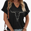 Boho Cow Skull Shirt Women Cowgirl t Shirt Vintage Western Rodeo Graphic Tee Short Sleeve Bull Skull Casual Top, M