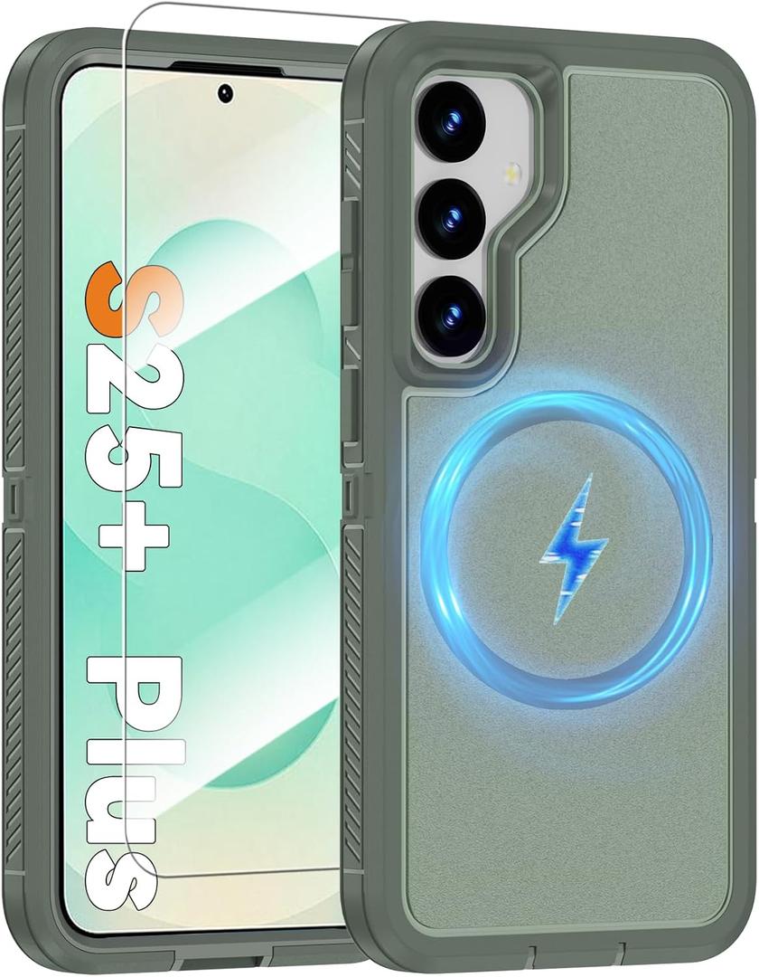 Magnetic Case for Samsung Galaxy S25+ Plus with Screen Protector [Compatible with MagSafe Wireless Charging] [Dual Layer Military-Grade Protection] Heavy Duty Rugged Shockproof Protection Cover, Green