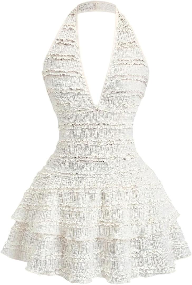Floerns Women's Cute Halter Mini Dress Frill Trim Layered Ruffle A Line Going Out Dresses White X-Small
