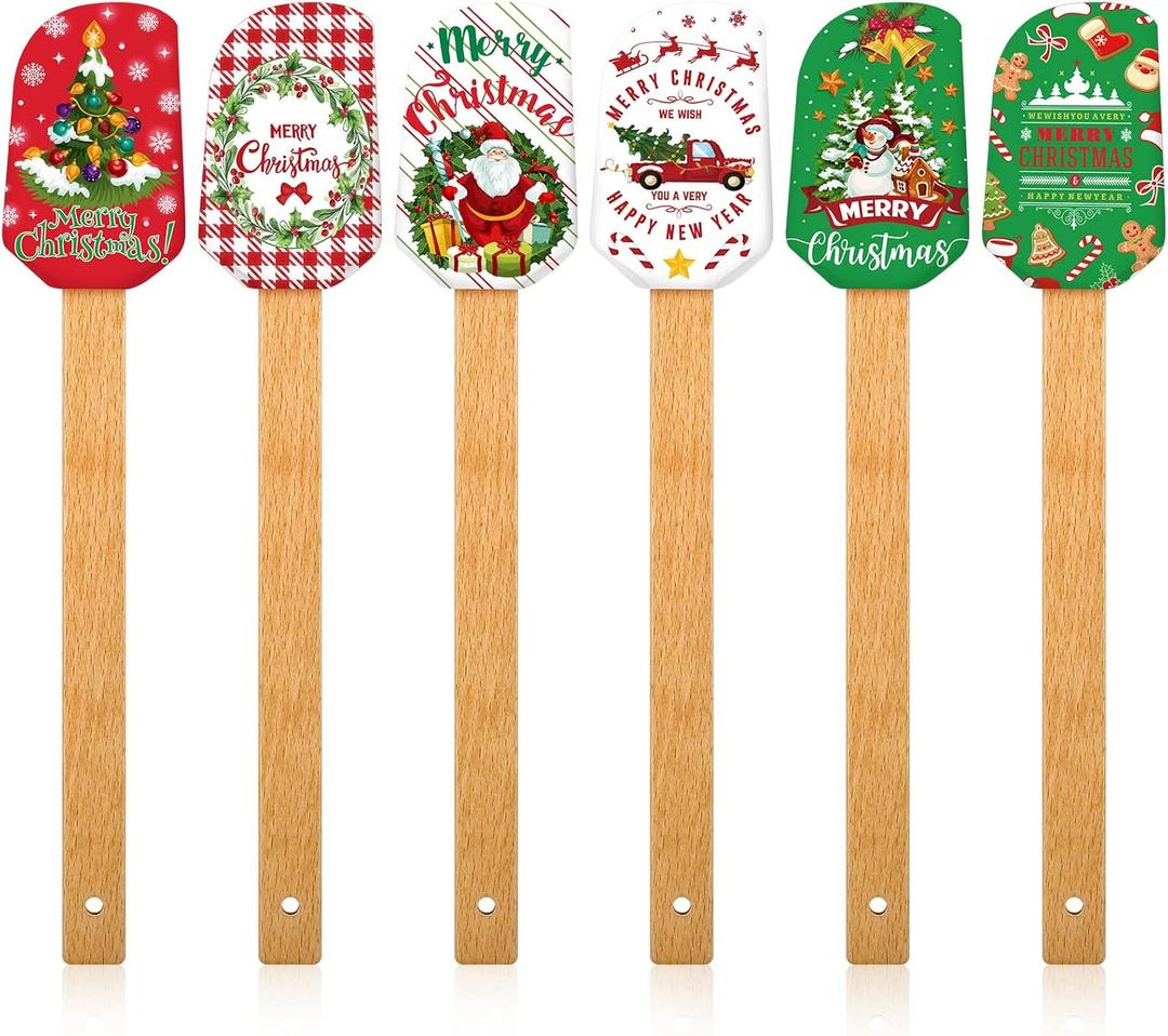 Patelai Christmas Silicone Spatula Xmas Cake Spatula with Wooden Handle Snowmen Pancake Cute Pan Scraper Xmas Dish Scraper Cooking Spatulas for Kitchen Mixing Cooking (Cute Style,6 Pieces)